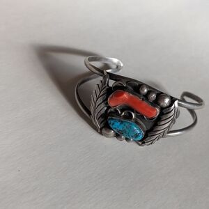 Silver Turquoise and Coral Bracelet